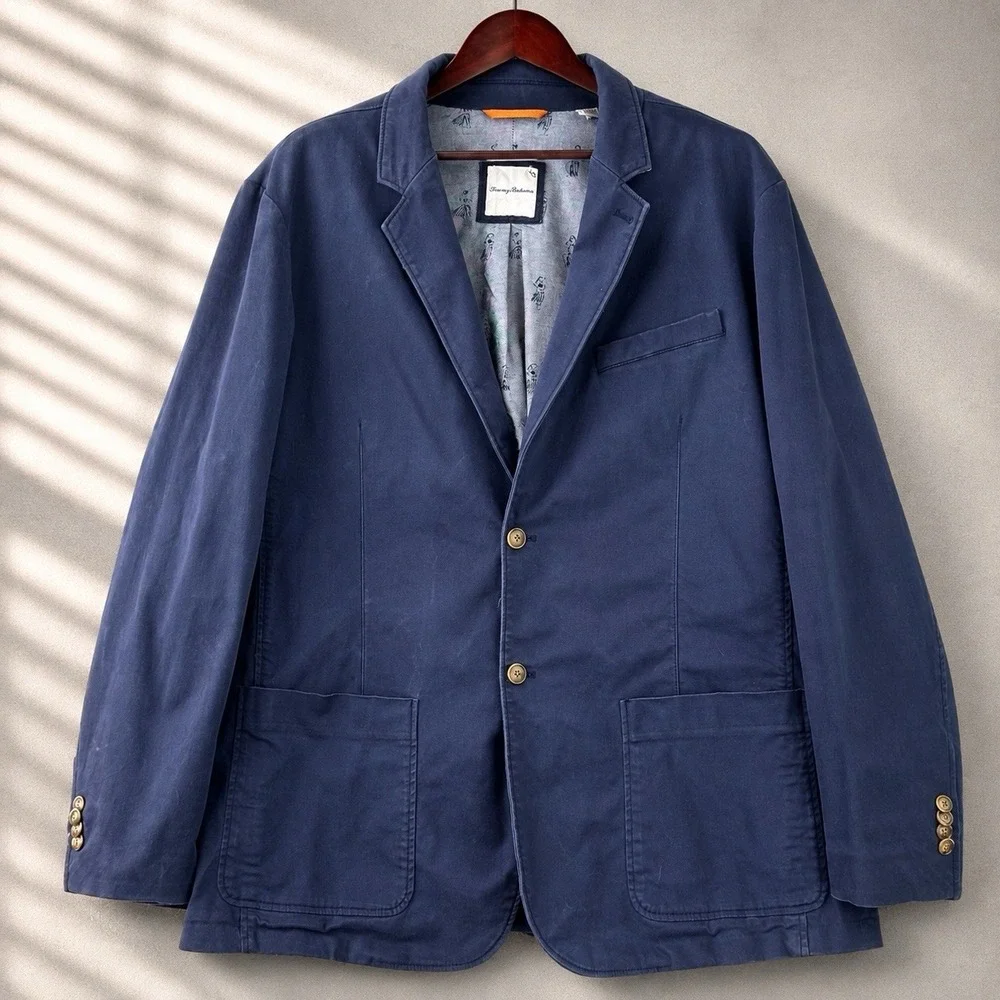 Tommy Bahama Cotton Sport Coat Mens XXL Blue Half Lined Blazer Travel Vacation